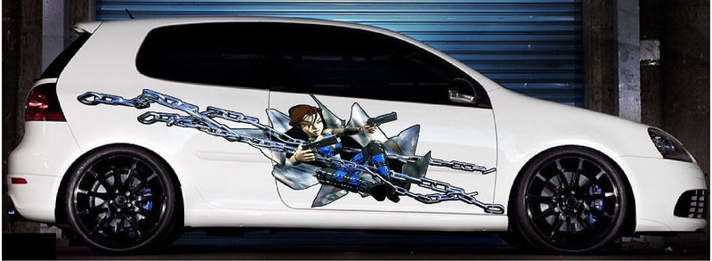 anime gun girl vinyl graphics on white car